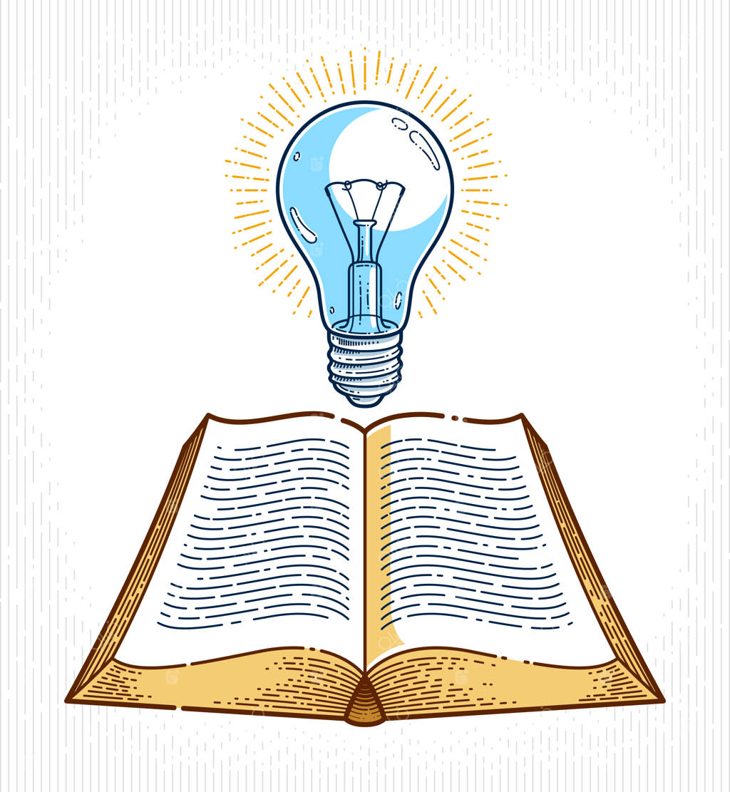 کتاب باز قدیمی با لامپ ایده: طراحی گرافیکی وکتور، مفهوم علم و آموزش، لوگو یا آیکون یا نشان به سبک خطی مدرن.