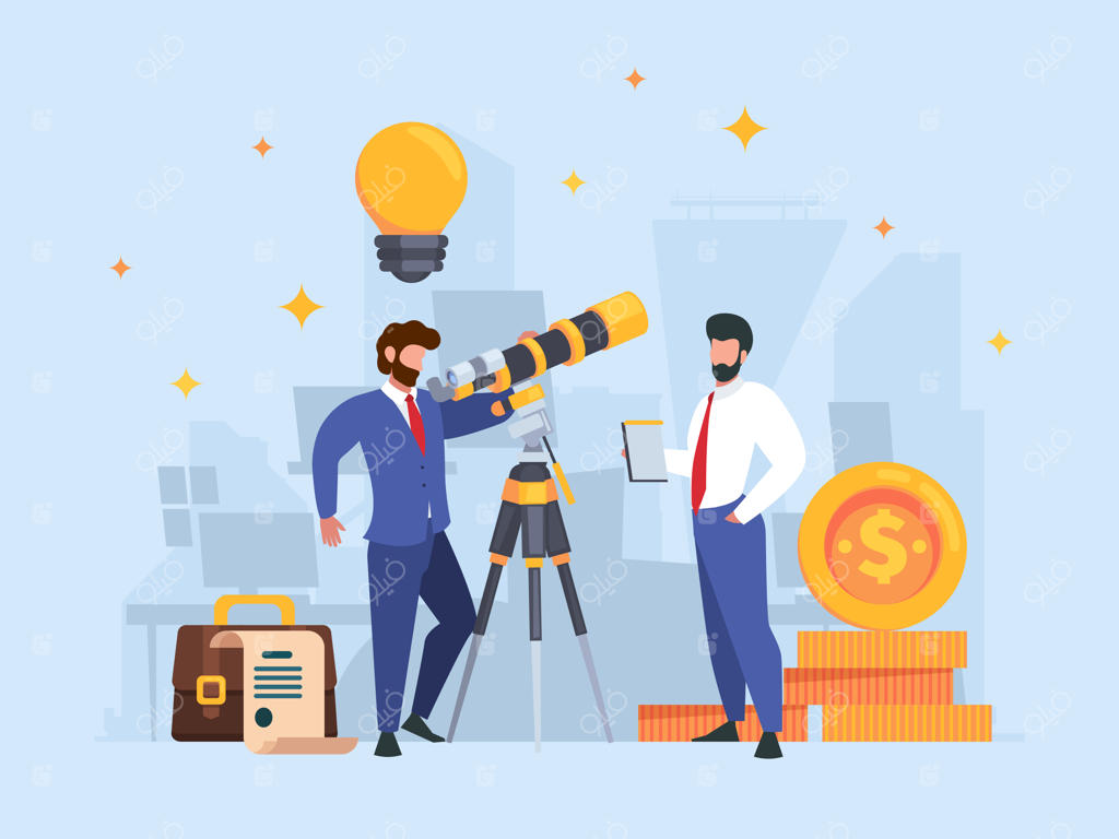 تاجر در حال مشاهده تیم موفق با تلسکوپ و کاوش در جهان - ناظر بر مفهوم کسب و کار در پس‌زمینه‌ای رنگارنگ طراحی شده به سبک فلت