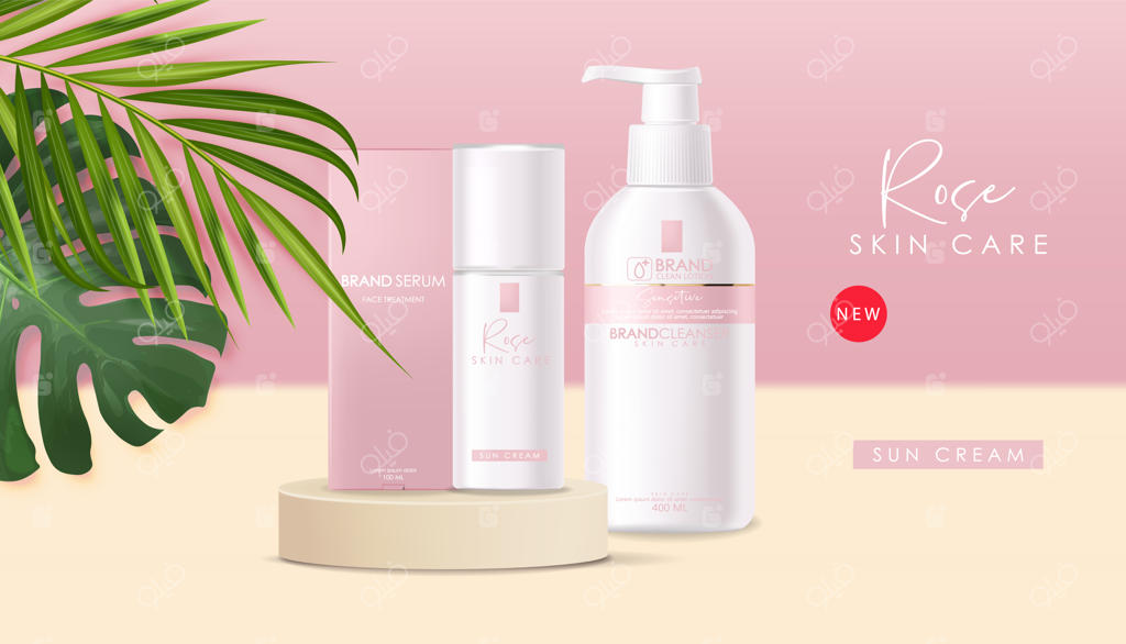 طرح بسته‌بندی کرم آبرسان مراقبت از پوست با طراحی صورتی و بطری سفید - نمونه واقعی لوازم آرایشی