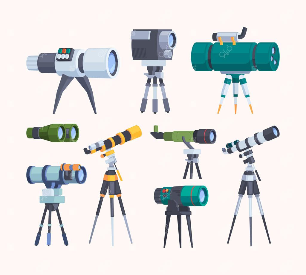 مجموعه وکتور پر زرق و برق ابزارهای نوری، تلسکوپ‌ها و دوربین‌های دوچشمی برای عکاسان، کاوشگران و دانشمندان در فضای باز