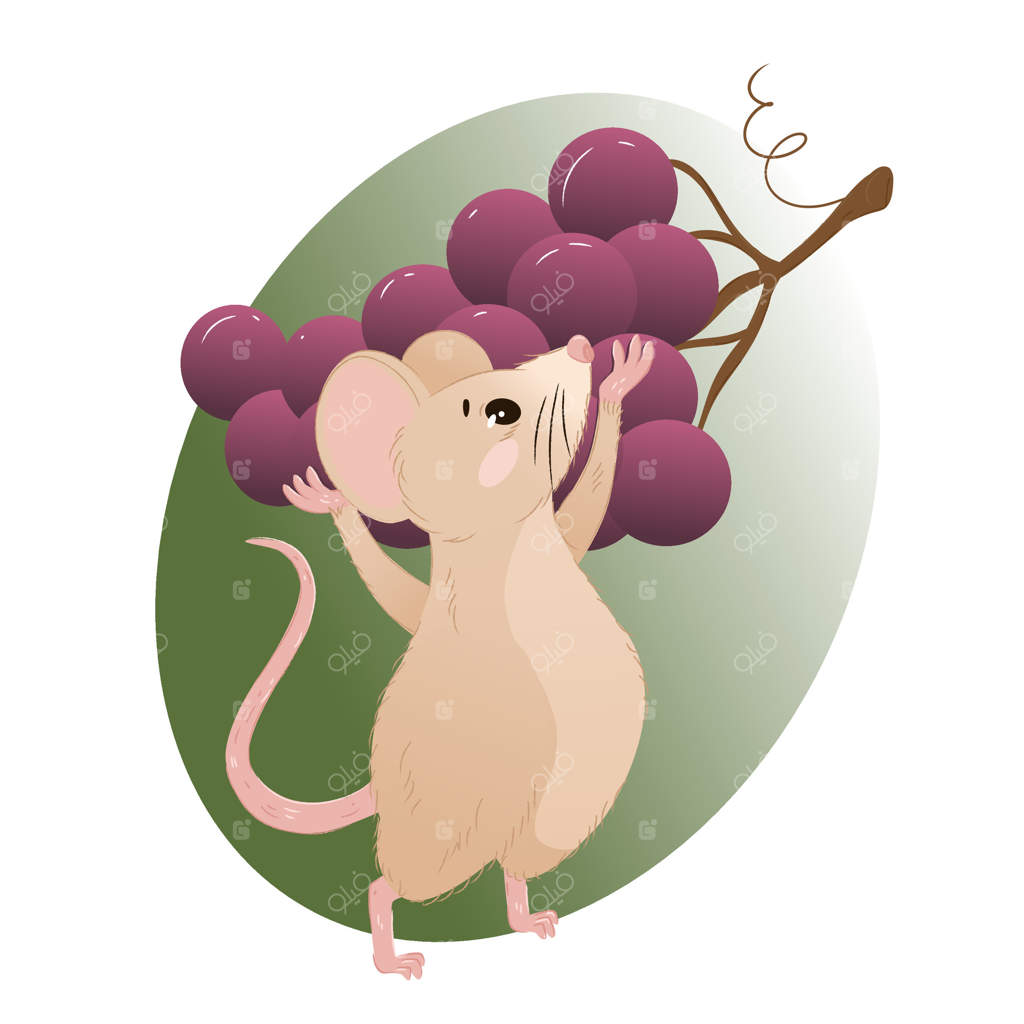 موش کارتونی بامزه در حال رسیدن به انگور - تصویر حیوانی با حال و هوای برداشت شیرین - مناسب برای کودکان، طراحی‌های پاییزی، دکور مهدکودک، بسته‌بندی غذا، کارت تبریک، پروژه‌های مزرعه و باغ