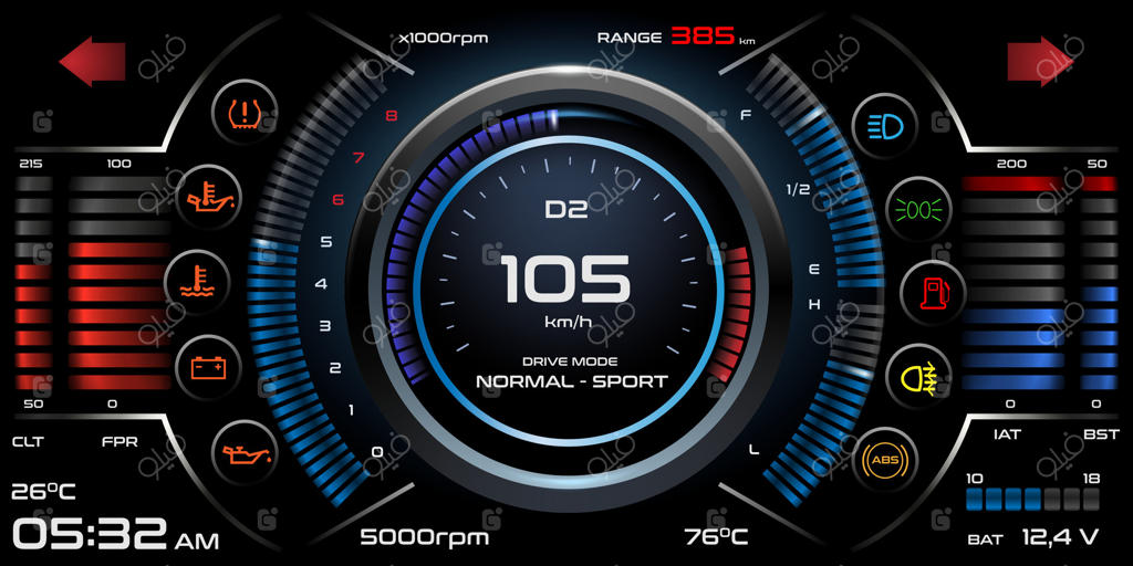 پنل کنترل ابزار داشبورد یا فاشیا به صورت وکتور واقع‌گرایانه.