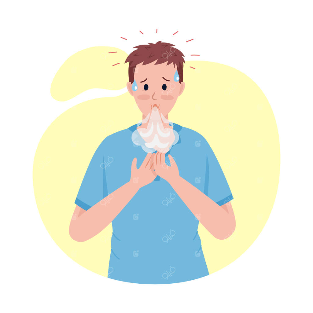 مردی با هیپوکسی - شخصیت وکتور نیمه‌تخت رنگی. فیگور ایستا. فردی تمام‌قد روی زمینه سفید. سندروم پس از کووید - تصویرسازی سبک کارتونی مدرن برای طراحی گرافیک و انیمیشن.