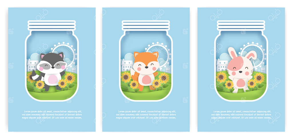 مجموعه کارت‌های تولد و کارت‌های جشن نوزاد با راسوی بامزه، روباه و خرگوش در باغ گل آفتابگردان به سبک برش کاغذی.