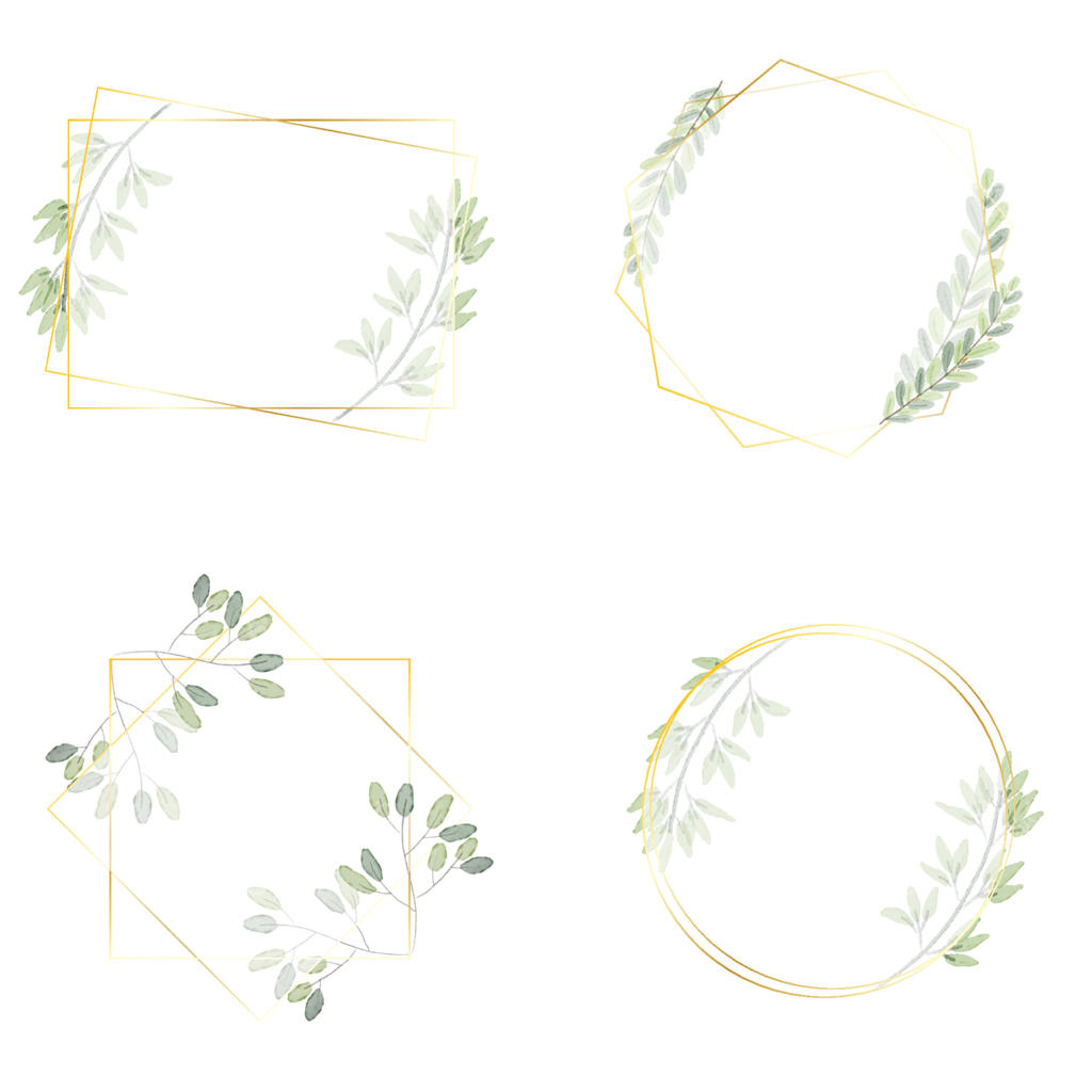 مجموعه تاج گل برگ‌های سبز آبرنگی با قاب طلایی لوکس