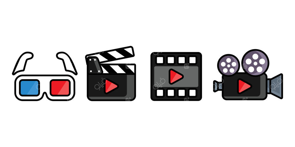 آیکون‌های سینمایی. آیکون دوربین، عینک، کلاکت، حلقه فیلم و پخش‌کننده.