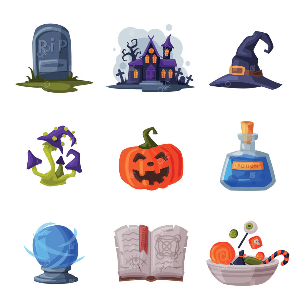 مجموعه نمادهای هالووین: طراحی عناصر جشن، سنگ قبر قدیمی، قلعه ترسناک، کدو تنبل، قارچ سمی، کتاب جادویی به سبک کارتونی