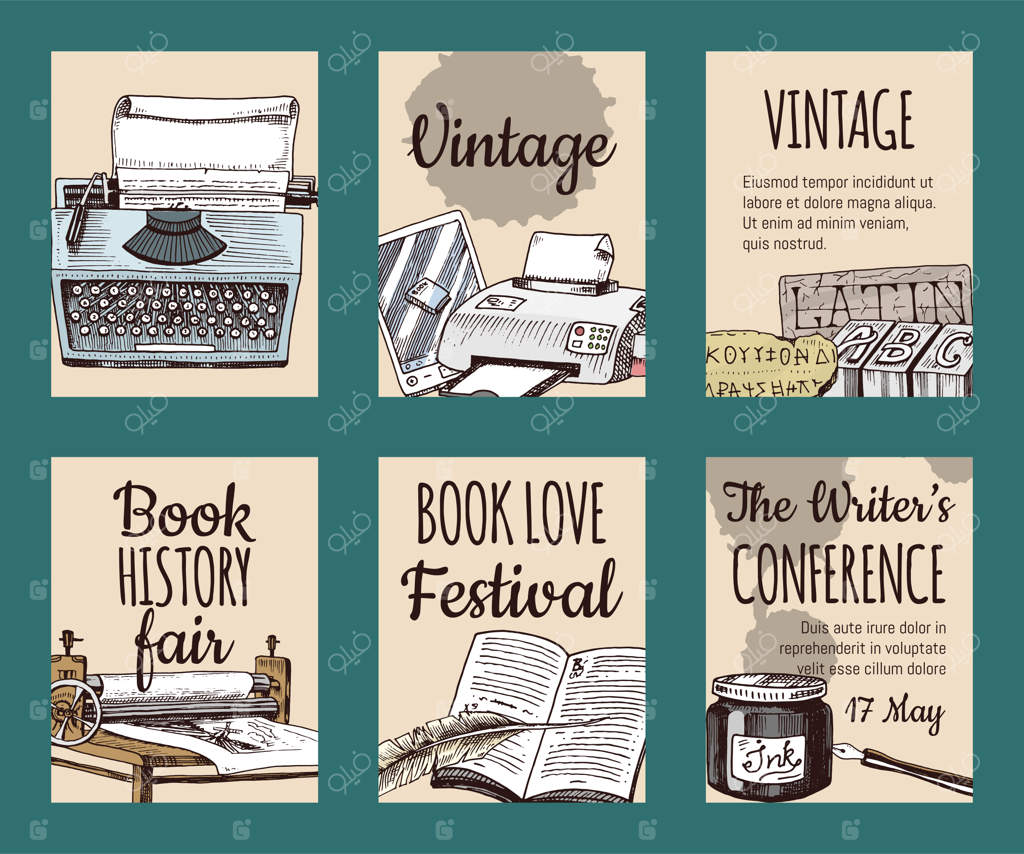 کتاب‌های قدیمی با قلم پر و دوات: کارت‌ها و بنرهای نوستالژیک. لوازم‌التحریر کهنه و دست‌نوشته‌های گشوده. کنفرانس نویسندگان.