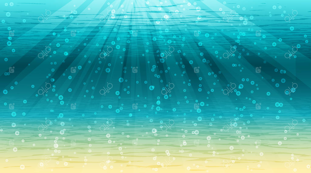 صحنه زیر دریا با پرتوهای خورشید و حباب‌ها. تصویر برداری وکتور