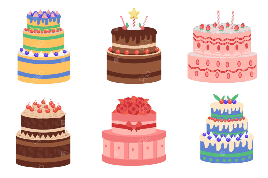 مجموعه‌ای از نان‌ها و محصولات شیرینی به سبک کارتونی وکتور