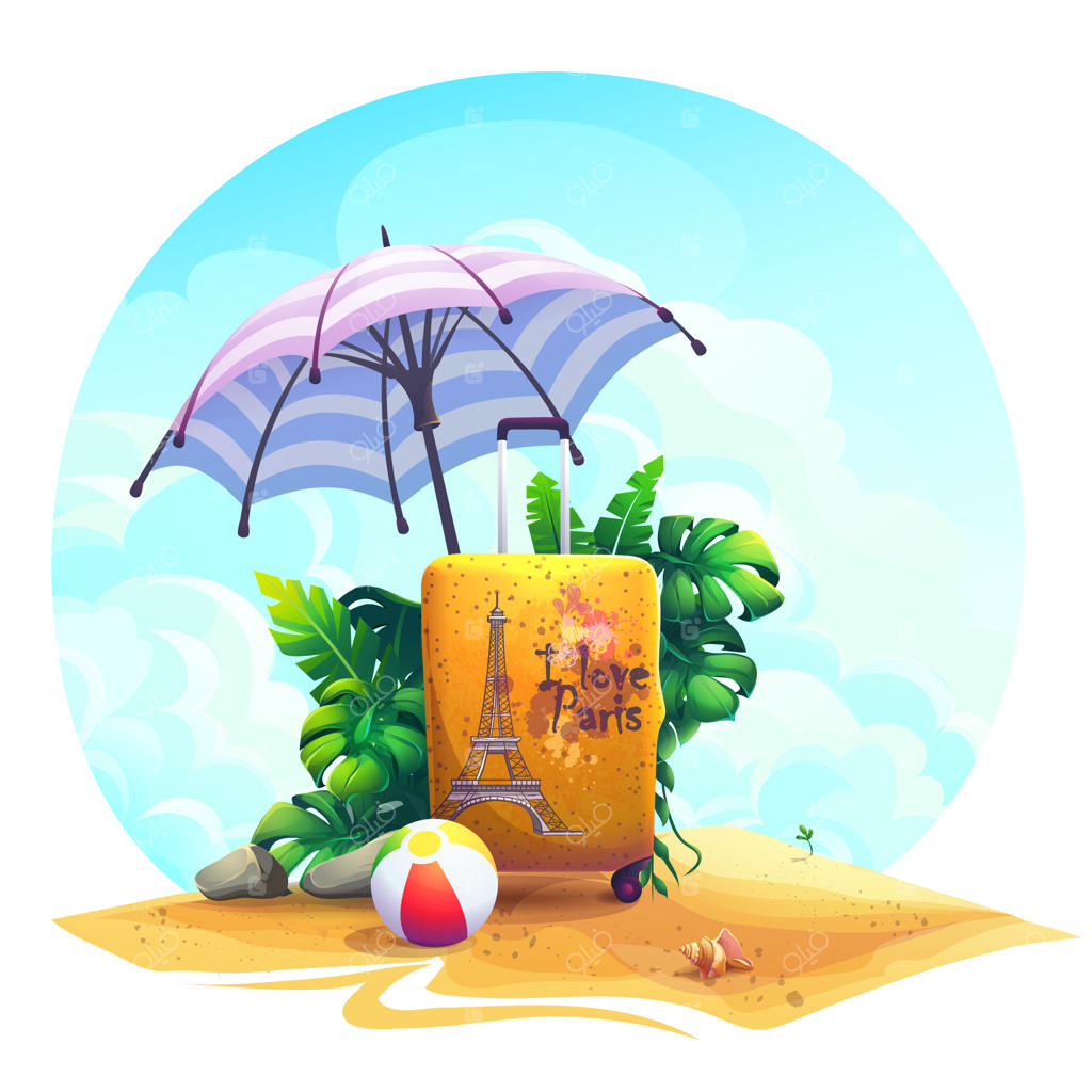 تصویر پس‌زمینه وکتور: چمدان سفر، توپ، سنگ‌ها و بوته بر روی شن و ماسه.