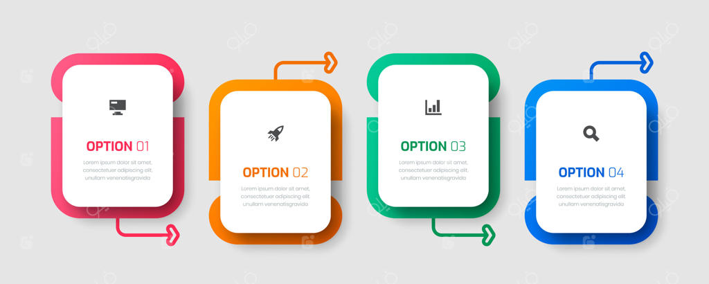 قالب طراحی برچسب اینفوگرافیک با فلش‌ها، آیکون‌ها و ۴ گزینه برای نمودار فرآیند، ارائه‌ها و چیدمان گردش کار