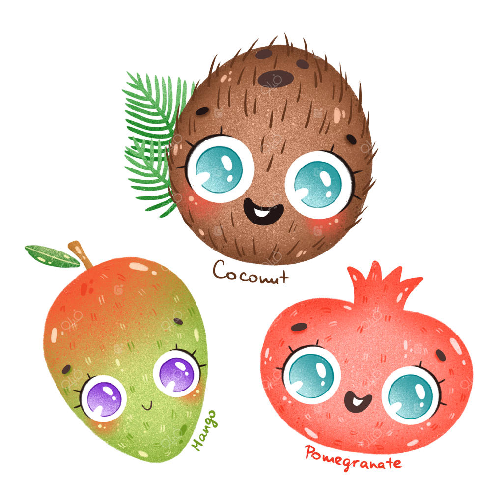 میوه‌های استوایی کارتونی بامزه با چشمان بزرگ - نارگیل، انبه و انار همراه با نام‌ها