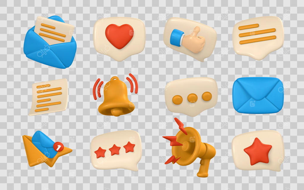 آیکون‌ها و اعلان‌های شبکه‌های اجتماعی به سبک کارتونی سه‌بعدی شامل نمادهای نامه، چت، لایک، قلب، زنگوله، ستاره و بلندگو. ایده‌آل برای طراحی UI UX. تصویرسازی