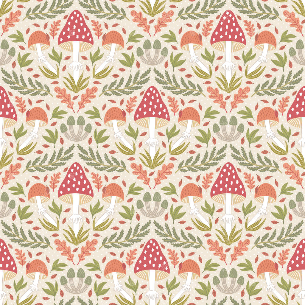 پترن پیوسته با قارچ‌های جنگلی و برگ‌ها
