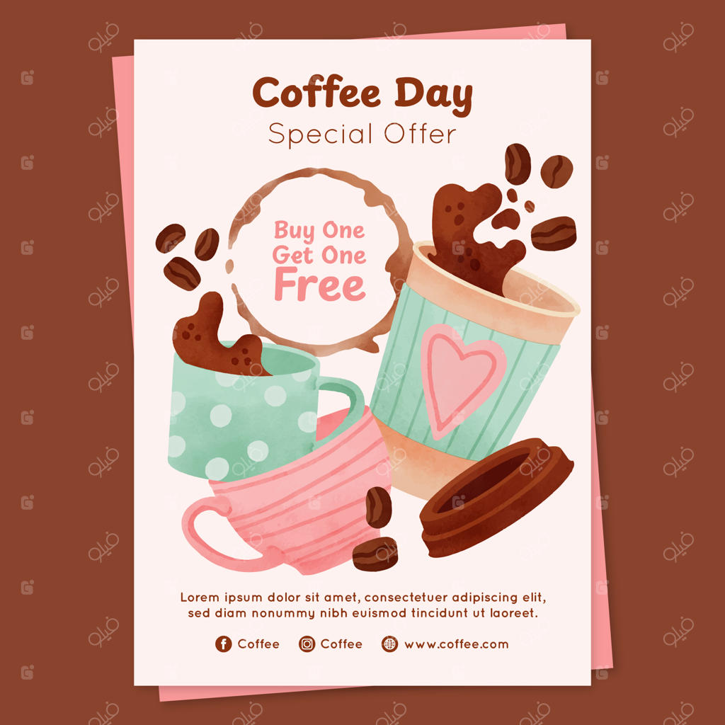 قالب پوستر روز جهانی قهوه با طراحی آبرنگی