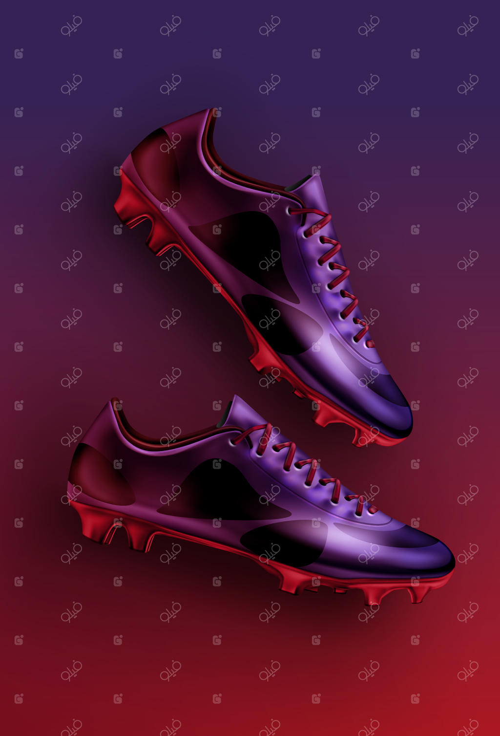 تصویر چیدمان کفش‌های فوتبال در رنگ‌های بنفش، ارغوانی و قرمز روی پس‌زمینه گرادیان