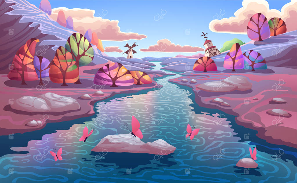 چشم‌انداز خیالی پاییزی با جنگل رنگارنگ زیبا، رودخانه آبی و سنگ‌ها، کوه‌ها و آسمان آبی روشن و ابرها، تصویر طبیعت