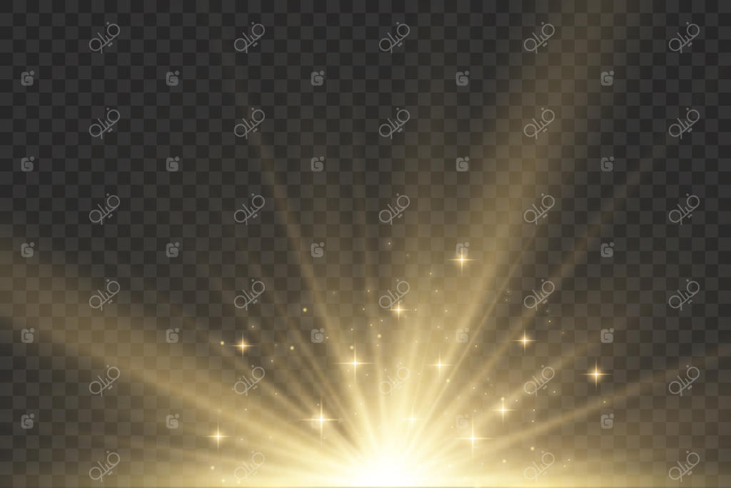انفجار ستاره با پس‌زمینه شفاف، تابش نورهای زرد خورشید، افکت ویژه با پرتوهای نور و جرقه‌های جادویی، ستاره طلایی درخشان و پرنور.