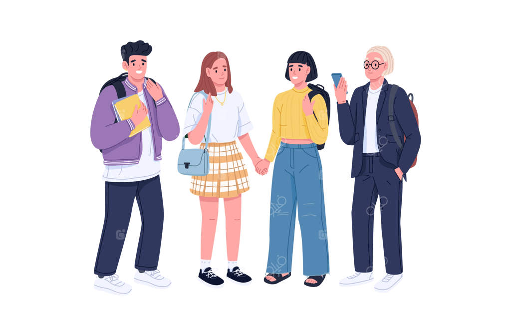 پرتره دوستان شاد: نوجوانان همکلاسی که کنار هم ایستاده‌اند - دانش‌آموزان مدرن دبیرستان، پسران و دختران با لباس غیررسمی - تصویر وکتور مسطح از دانش‌آموزان در پس‌زمینه سفید
