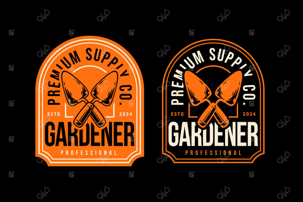 مجموعه طراحی لوگو وینتیج و رetro برای بیل، ابزار حفاری و کشاورزی، مناسب باغبانان، گلخانه‌ها، کشاورزان و معدن‌کاران