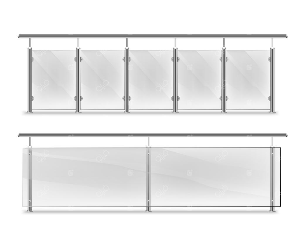 نرده‌های شیشه‌ای برای تبلیغات: مجموعه‌ای از نرده‌های فلزی با شیشه. بخش‌های حصار با ستون‌های فلزی. پنل‌ها و نرده‌ها برای معماری یا ساخت و ساز.