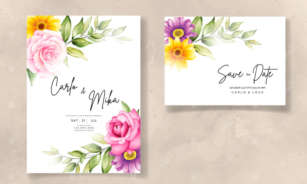 طراحی زیبای دعوتنامه عروسی با نقاشی دستی و طرح گل آبرنگی