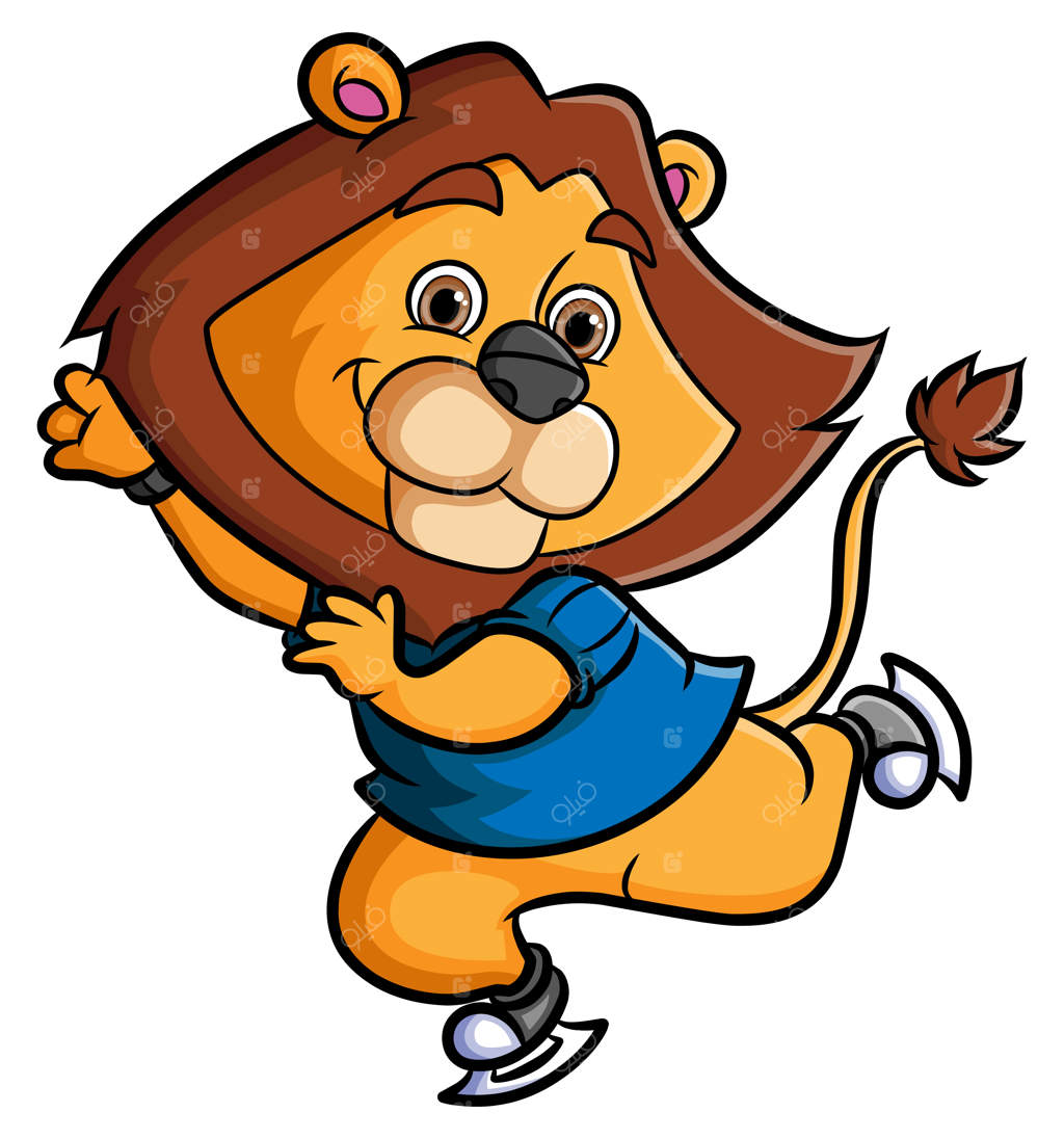 شیر خوشحال در حال دویدن و اسکیت بازی است