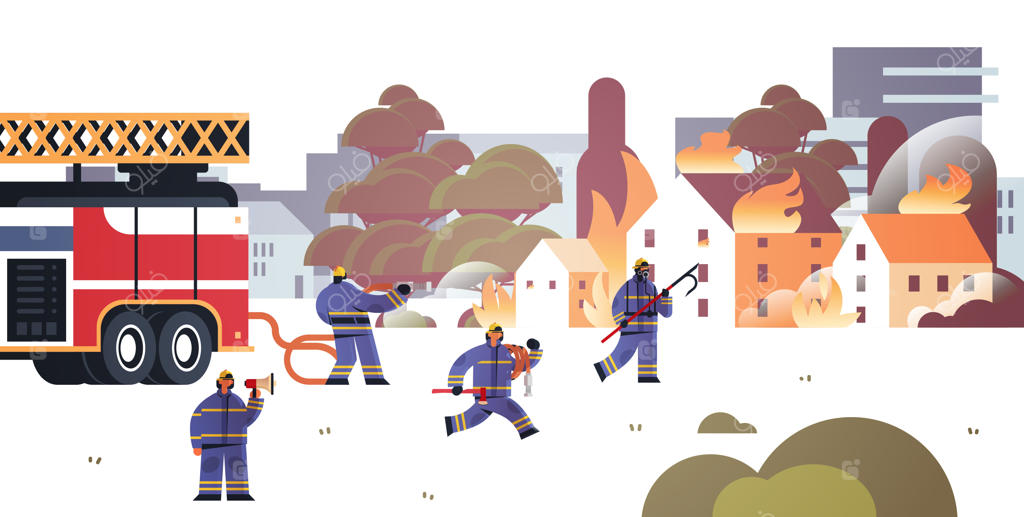 آتش‌نشانان با لباس فرم و کلاه ایمنی در حال آماده‌سازی برای اطفای حریق در کنار ماشین آتش‌نشانی؛ مفهوم خدمات امداد و نجات، خانه‌های شعله‌ور و نمای شهر