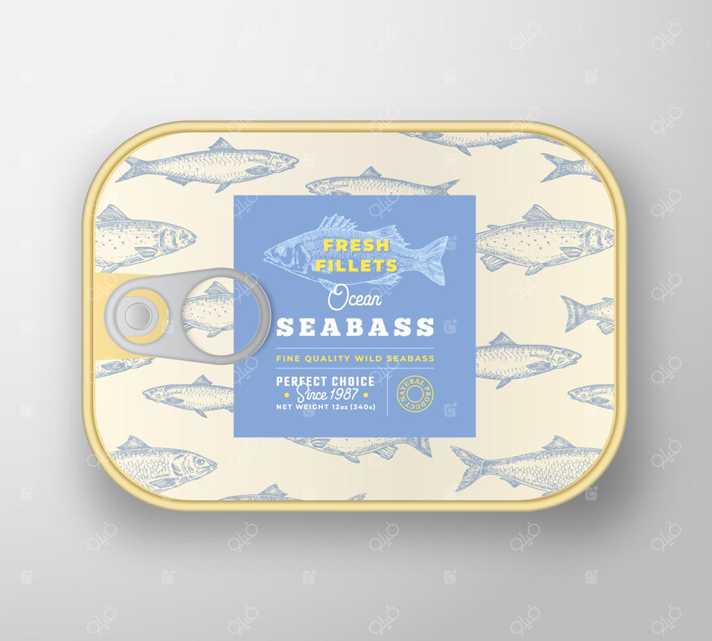 قالب برچسب ماهی کنسرو شده: طراحی انتزاعی بر روی ظرف آلومینیومی.