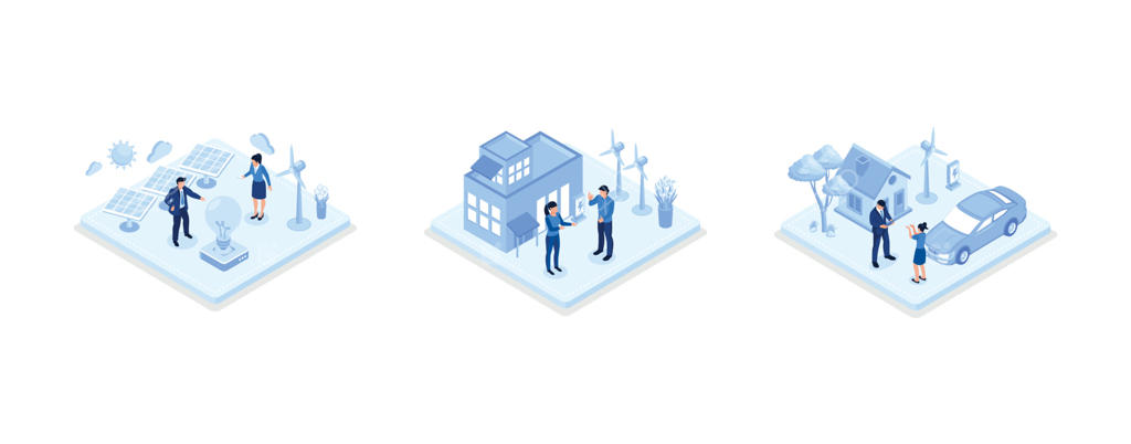 خانه خصوصی مدرن و اکو با آسیاب‌های بادی و صفحات خورشیدی، خودروی برقی در نزدیکی ایستگاه شارژ، کارخانه سبز صنعتی با انرژی‌های تجدیدپذیر, مجموعه ایزومتریک وکتور.