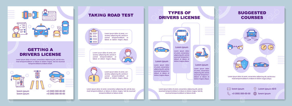 قالب بروشور آموزشگاه رانندگی و تعلیم رانندگان؛ طرح تراکت، کتابچه، لیفلت و جلد با آیکون‌های خطی، لایه‌بندی وکتور برای ارائه، گزارش سالانه و صفحات تبلیغاتی