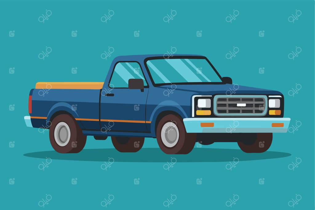 تصویرسازی نیمه‌مسطح: وانت سفارشی با بدنه آبی و جزئیات برجسته بر روی پس‌زمینه‌ای فیروزه‌ای