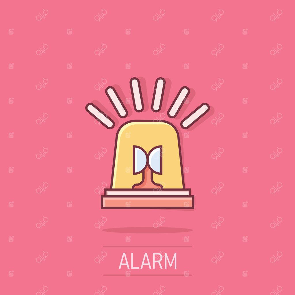 نماد آژیر اضطراری به سبک کمیک. تصویرسازی کارتونی چراغ هشدار. مفهوم کسب و کار: علامت فوریت پلیس با افکت خاص.