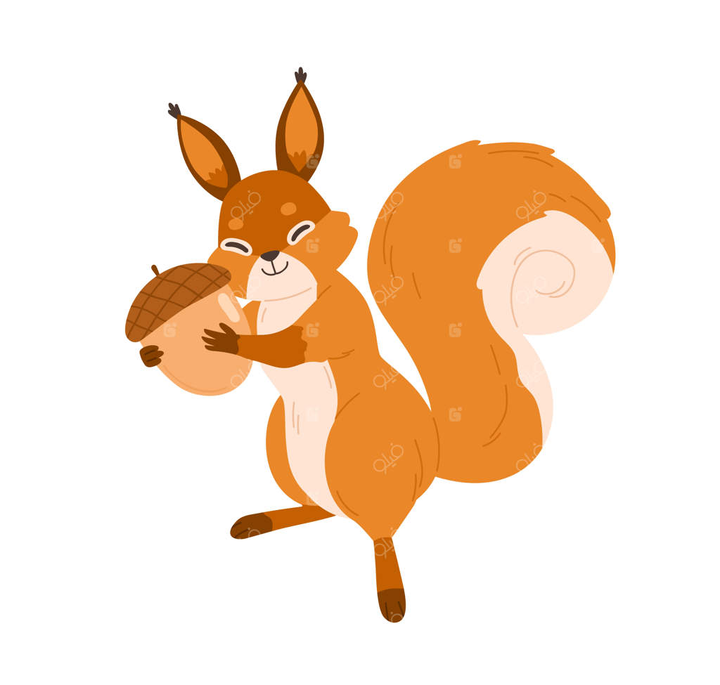 سنجاب بانمک و شاد با چهره‌ای خندان، فندق را در آغوش گرفته از خوشحالی. حیوان پشمالوی بامزه‌ای با خوراکی های جنگل پاییزی. تصویر برداری تخت، ایزوله شده بر روی زمینه سفید