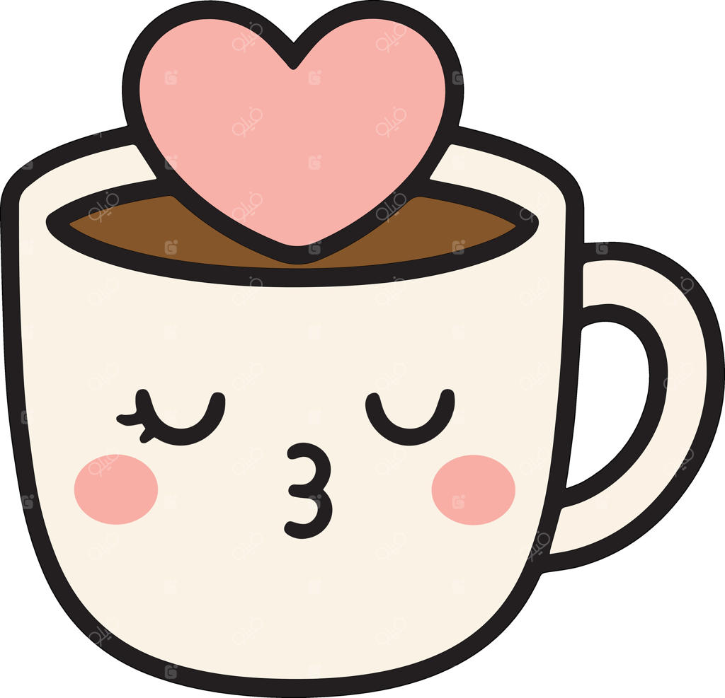 فنجان قهوه بامزه با طرح قلب و صورت بوسه، طراحی کارتونی عاشقانه