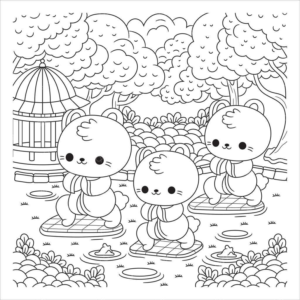 توله‌خرس‌های در حال مراقبه در باغ ذن - طراحی سیاه و سفید