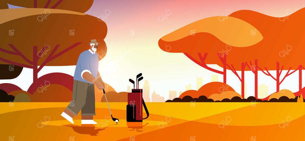 مرد سالخورده در حال بازی گلف در زمین آفتابی: بازیکن مسن در حال ضربه زدن به توپ - مفهوم فعالیت در دوران سالمندی در پس‌زمینه‌ای با چشم‌انداز زیبا