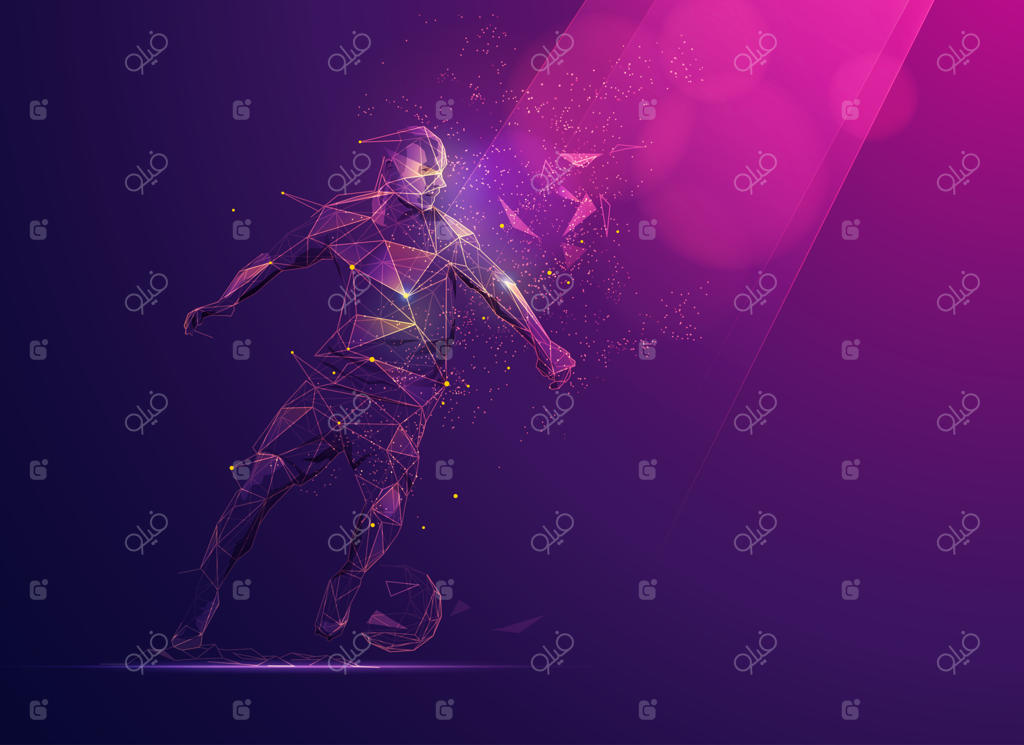 مفهوم فناوری علوم ورزشی: بازیکن فوتبال به سبک کم پلی که با عناصری آینده‌نگرانه در حال دریبل زدن توپ است