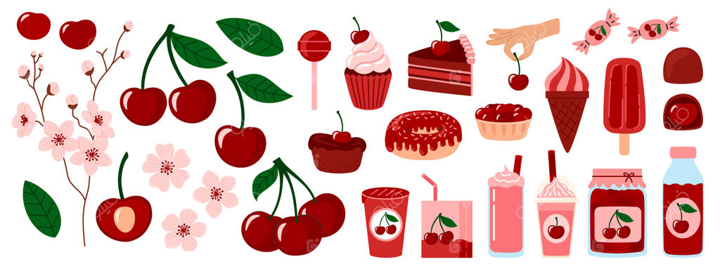 مجموعه میوه‌های گیلاسی. نوشیدنی‌های خنک تابستانی و دسرهای خوشمزه با طعم گیلاس. گیلاس همراه با برگ‌ها و گل‌ها. تصویرسازی ساده روی زمینه سفید