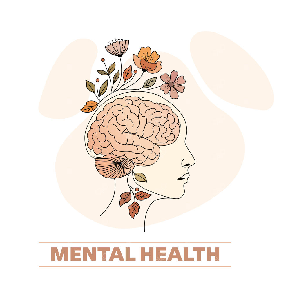 تصویر خطی نیمرخ زنی با مغزی پوشیده از گل‌ها، نمادی از سلامت روان