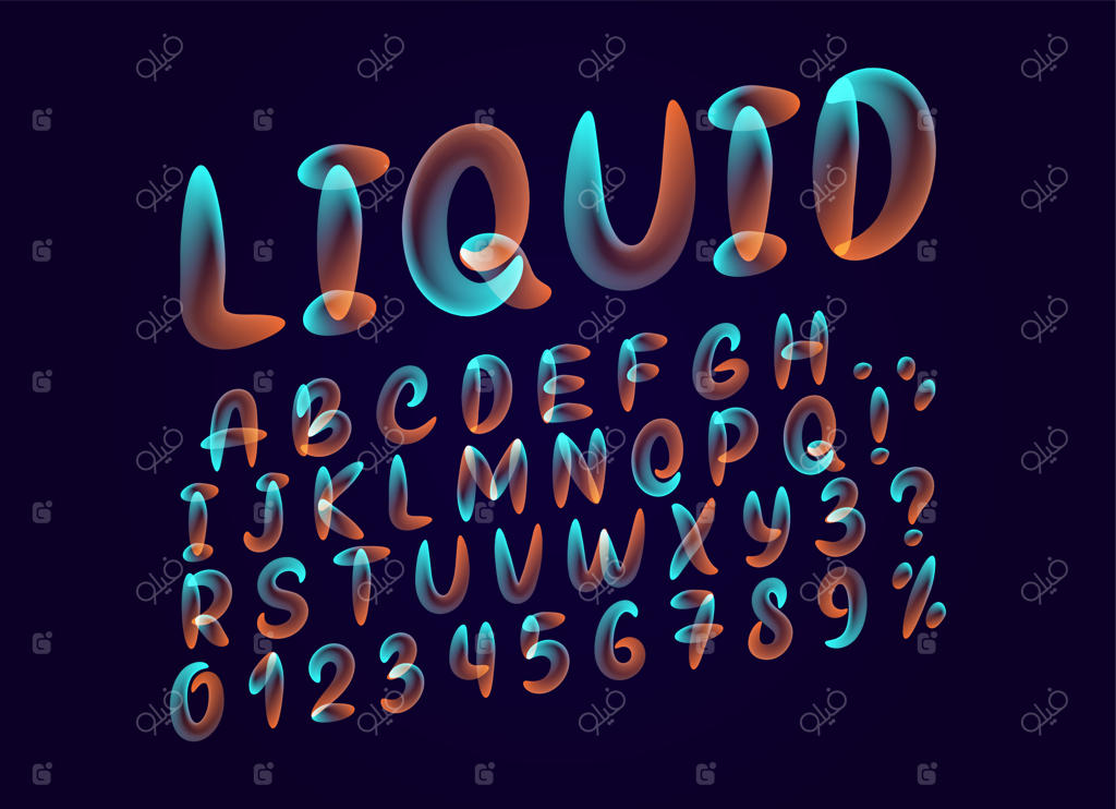 حروف رنگی در حالت مایع: فونت الفبای ذوب‌شده در طراحی سه‌بعدی، بر زمینه سیاه.