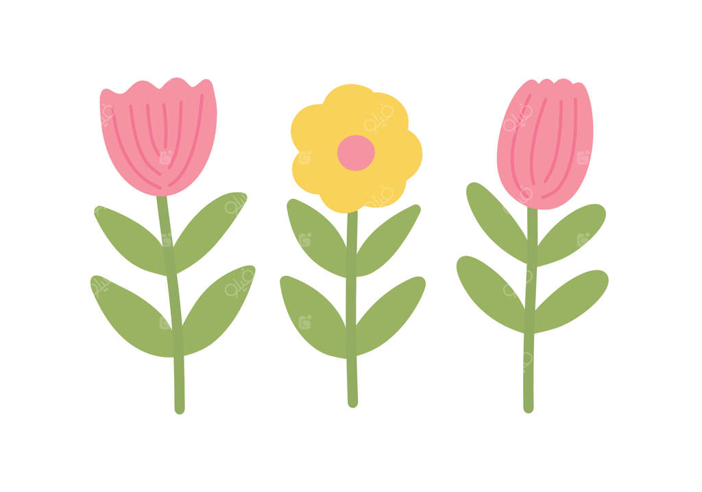 طرح سه گل بهاری ساده به سبک نقاشی دستی اسکاندیناوی. گرافیک مینیمالیستی برای طراحی‌های عید، بهار، تابستان و باغ