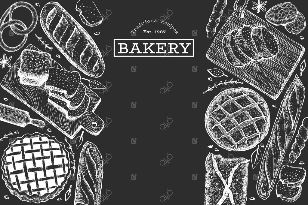 پس‌زمینه نان و شیرینی. تصویرسازی دستی وکتور نانوایی روی تخته سیاه.