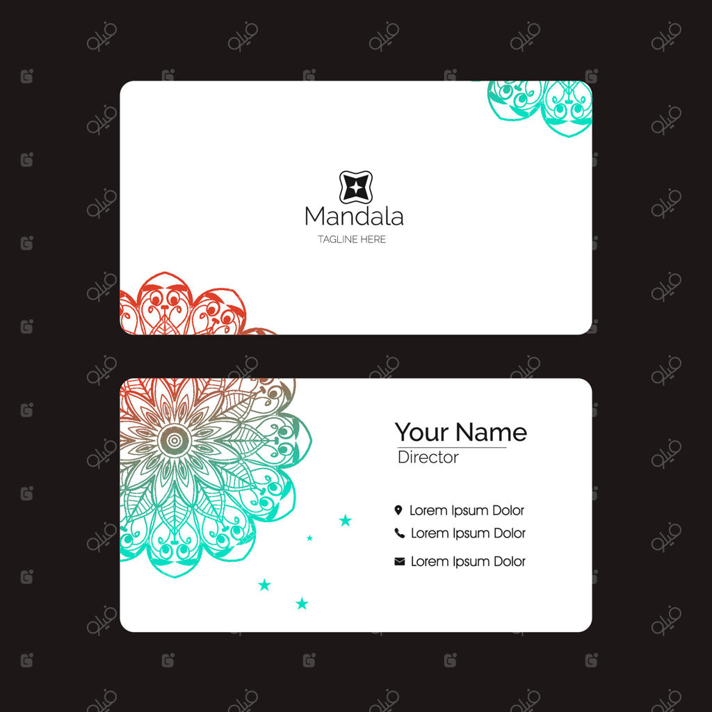 کارت ویزیت لوکس سفید با طراحی ماندالای رنگارنگ