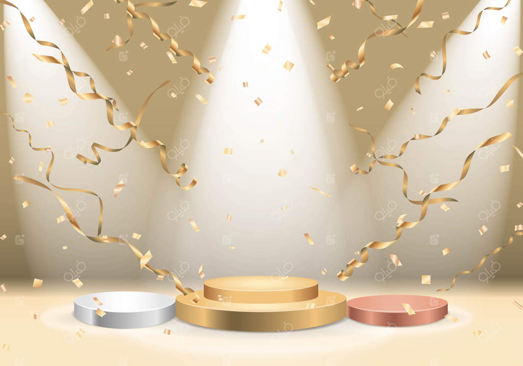 سکوی قهرمانان با نورافکن و کاغذ رنگی‌ها