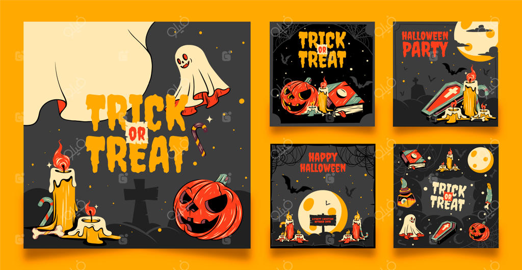 مجموعه پست‌های اینستاگرامی هالووین با طراحی دستی وینتیج