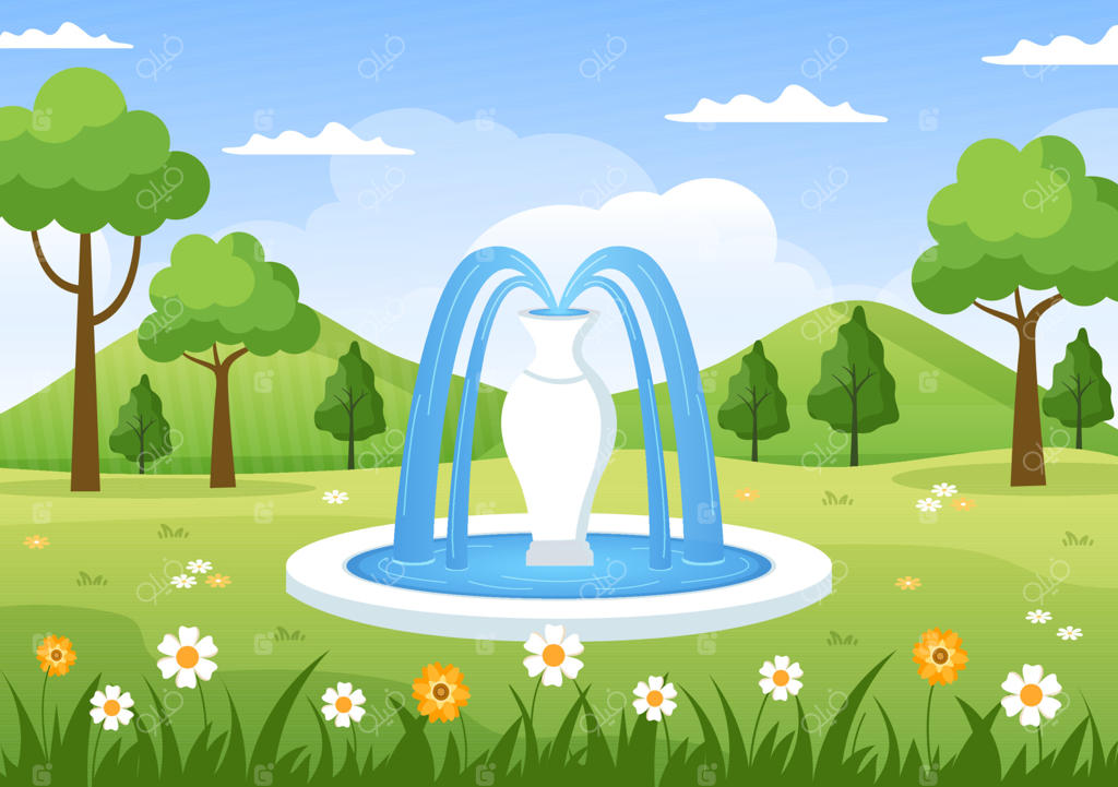 تصویر زمینه کارتونی از باغ زیبا با منظره‌ای از گیاهان، گل‌ها، درختان و چمن سبز در سبک طراحی تخت