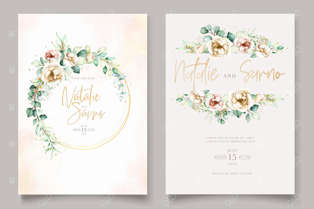 ست کارت دعوت آبرنگی با گل‌های صدتومانی به رنگ‌های ملایم