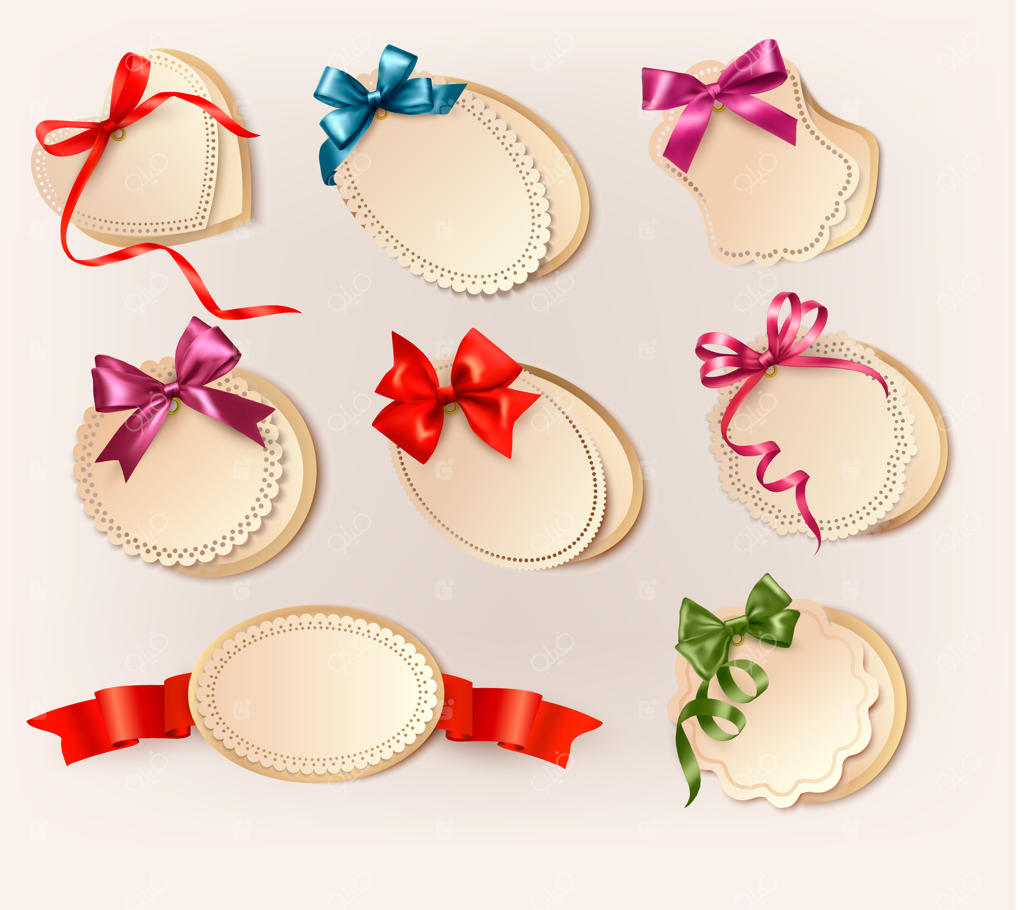 مجموعه‌ای از برچسب‌های زیبا و کلاسیک با روبان‌ها و پاپیون‌های رنگارنگ برای هدایا